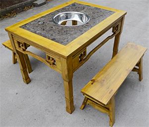 条形实木大理石火锅桌*1张+板凳*2张