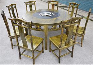 圆实木大理石火锅桌*1张+镂空雕花牛角椅*8张