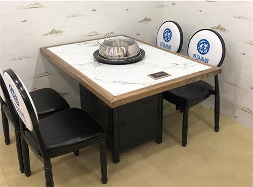 实木边框镶嵌大理石海鲜蒸汽火锅桌侧面展示