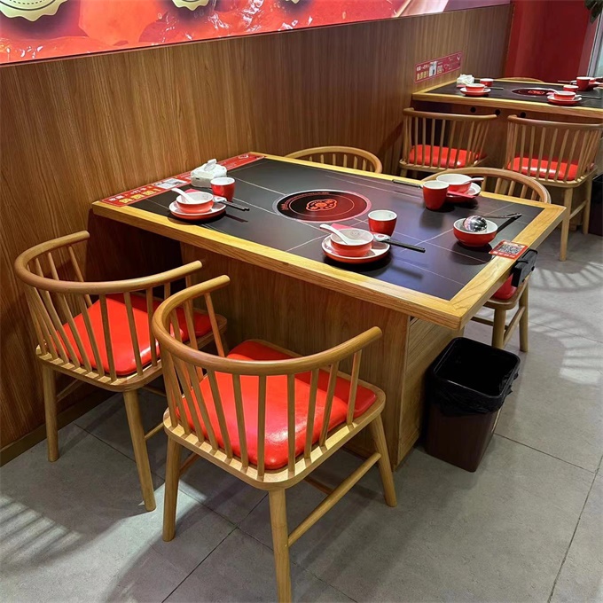 火锅店实木封边岩板台面电磁炉火锅桌
