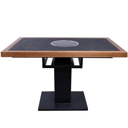 实木边框镶嵌火烧石4人位电磁炉火锅桌子 