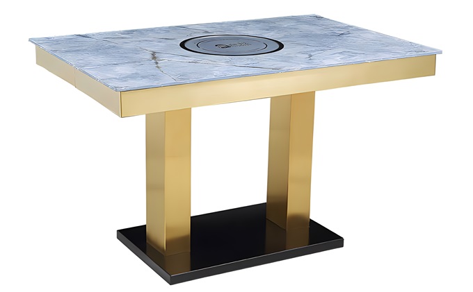 不锈钢支架大理石台面嵌入式电磁炉火锅桌