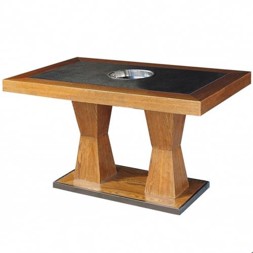 实木边框嵌火烧石面大理石火锅桌