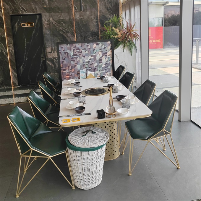 火锅店高端时尚轻奢不锈钢大理石火锅桌