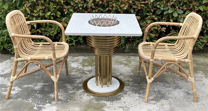 时尚轻奢不锈钢桌脚大理石电陶炉烤肉桌