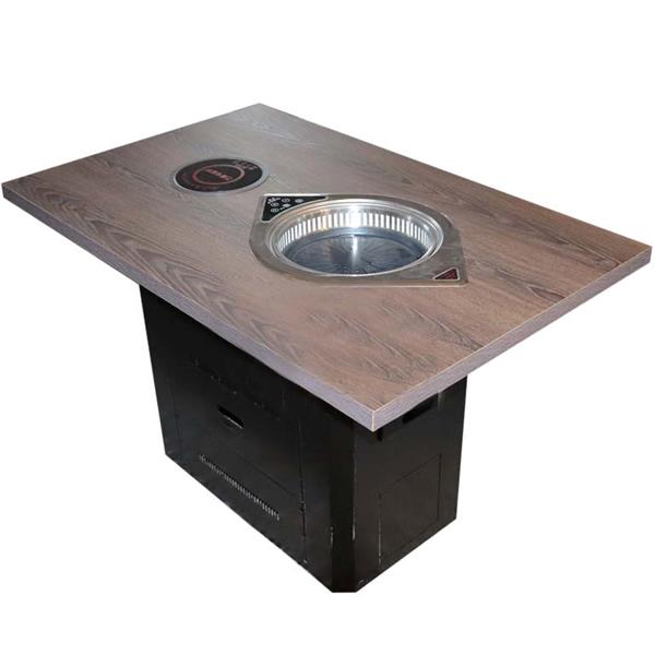 实木方形花纹桌面黑色方桶脚电磁炉自助火锅烧烤一体桌