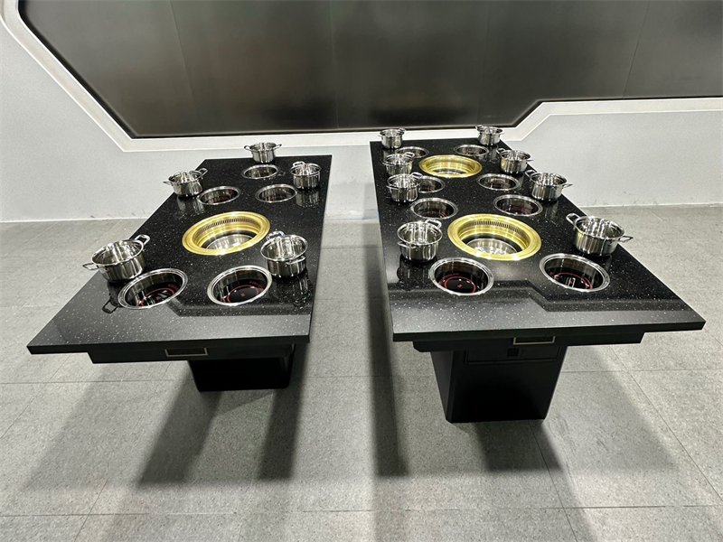 8人位黑色大理石面无烟涮烤一体桌