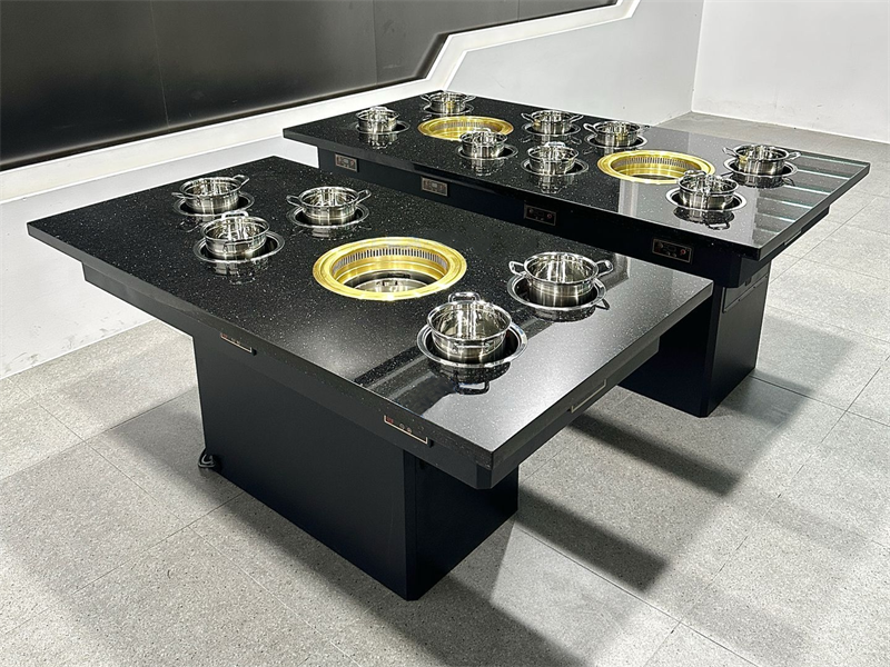 8人位黑色大理石面无烟涮烤一体桌