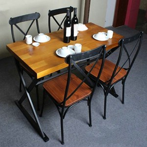 美式家具咖啡厅餐桌 交叉铁艺原木餐台 西餐厅实木拼接板餐桌