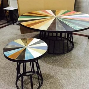 餐厅缕空铁艺框架吧台 七彩色时尚实木餐桌 咖啡厅工业风餐桌