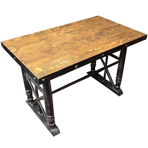 铁艺餐桌 实木方形餐桌面 五金铁艺包边 铜钉围边 厚重五金餐桌底座
