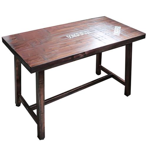 实木古铜色工业复古餐桌_厚重铁管桌脚铜钉贴破包边餐桌