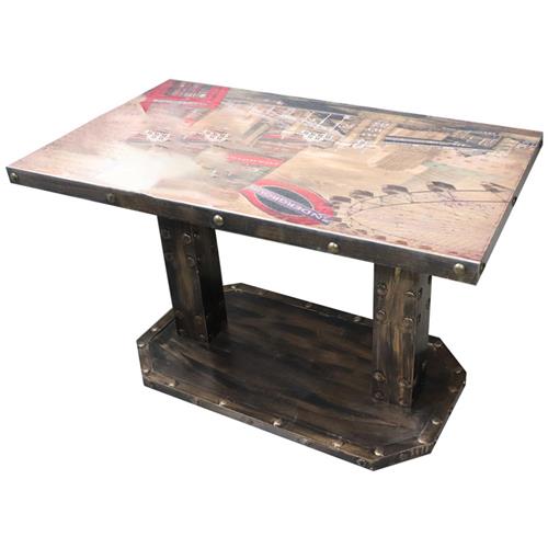 西餐厅主题工业风方餐桌_仿古实木铜钉铁皮包边_定制桌面印花餐桌