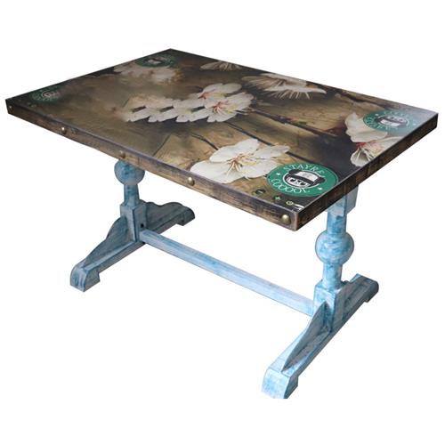 工业风桌面花纹贴片铜钉包边餐桌蓝色实木球形餐桌脚西餐桌