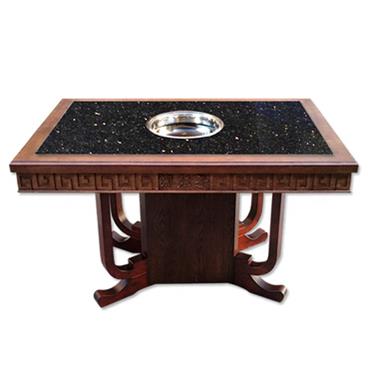 实木边框镶嵌复古黑金沙大理石火锅桌电磁炉烤涮一体桌