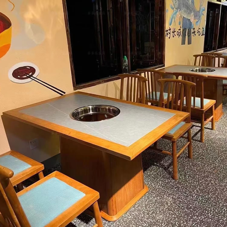 火锅店实木岩板下沉式电磁炉火锅桌