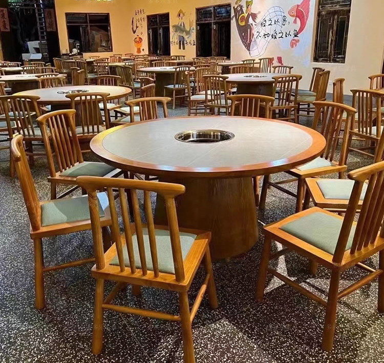 火锅店实木岩板下沉式电磁炉火锅桌