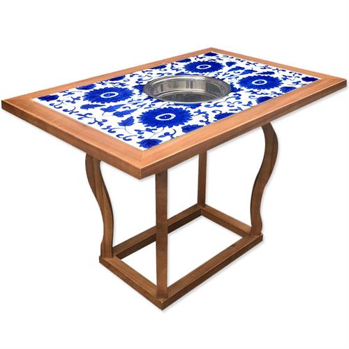 仿古新中式青花瓷大理石实木电磁炉火锅桌