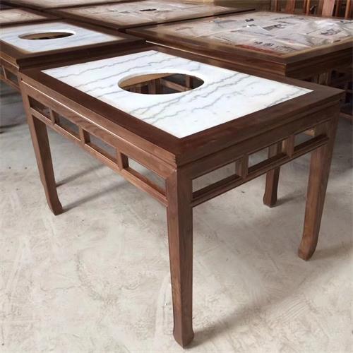 仿古中式实木边框镶嵌大理石台面电磁炉火锅桌椅