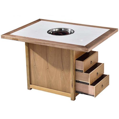 现代简约带抽屉实木边框镶嵌大理石下沉式火锅桌