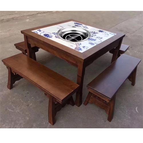 老火锅中式仿古实木镶嵌大理石八仙桌