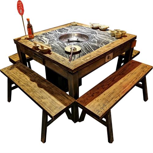 中式火锅店古典老榆木燃气八仙台火锅桌