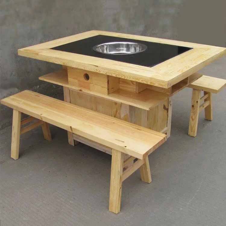 高档松木原木色实木火锅桌 燃气灶火锅店桌椅