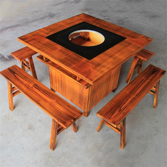 柜式实木火锅桌 电磁炉煤气灶炭烧木火锅桌椅