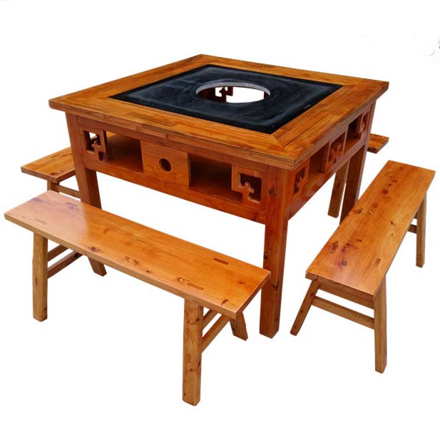 麻黄实木火锅桌椅组合 仿古火锅桌子