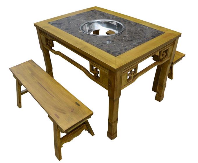仿古雕花实木边框镶嵌大理石火锅桌侧面展示