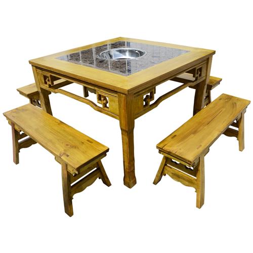 中式复古实木雕花大理石正方形火锅桌椅
