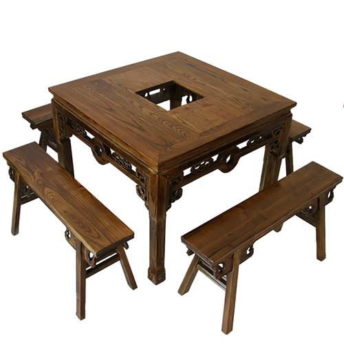 中式实木仿古榆木铜钱八仙火锅桌