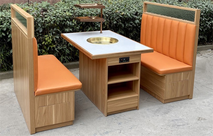 新款实木封边大理石台面高端火锅店桌椅