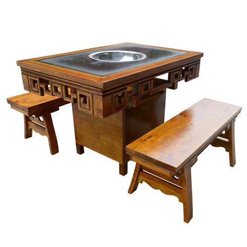 小郡肝串串香实木火锅桌 大理石仿古雕花火锅桌椅 