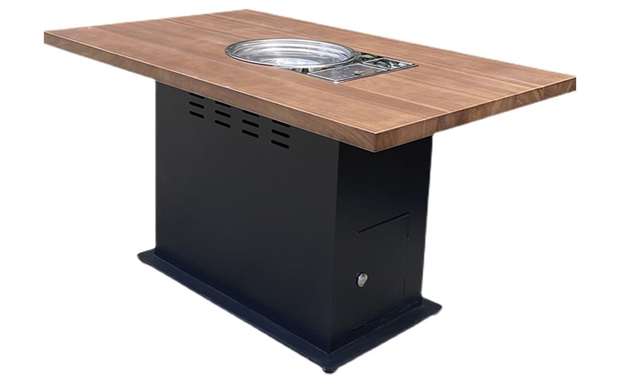现代简约铁艺桌脚实木台面下沉式电磁炉火锅桌