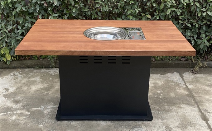 现代简约铁艺桌脚实木台面下沉式电磁炉火锅桌