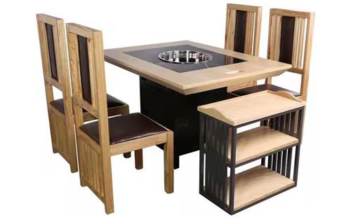 实木边框镶嵌大理石自助火锅麻辣烫下沉式电磁炉火锅桌侧面展示