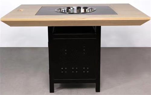 实木边框镶嵌大理石自助火锅麻辣烫下沉式电磁炉火锅桌正面展示