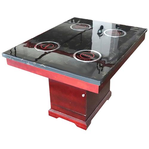 四人位一人一锅大理石火锅桌 红色木脚方桶电磁炉火锅桌